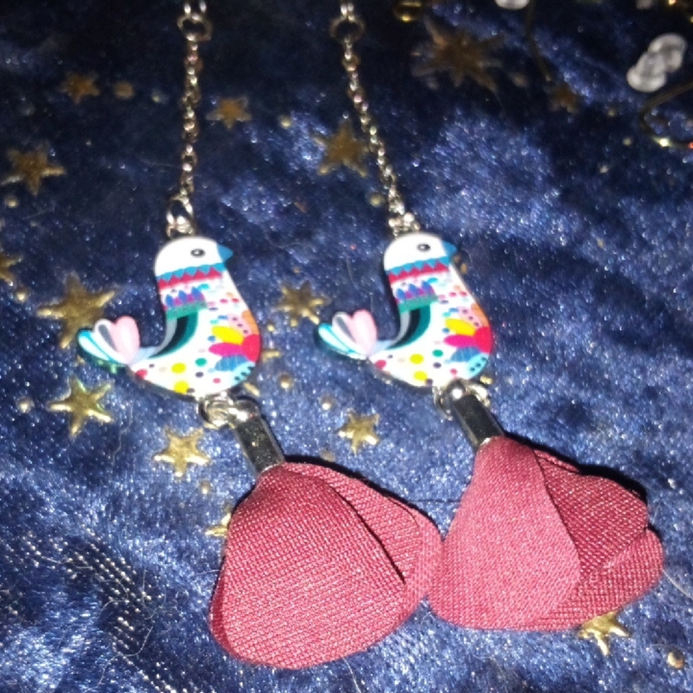 Colorful Bird Earrings with Red Tassels
